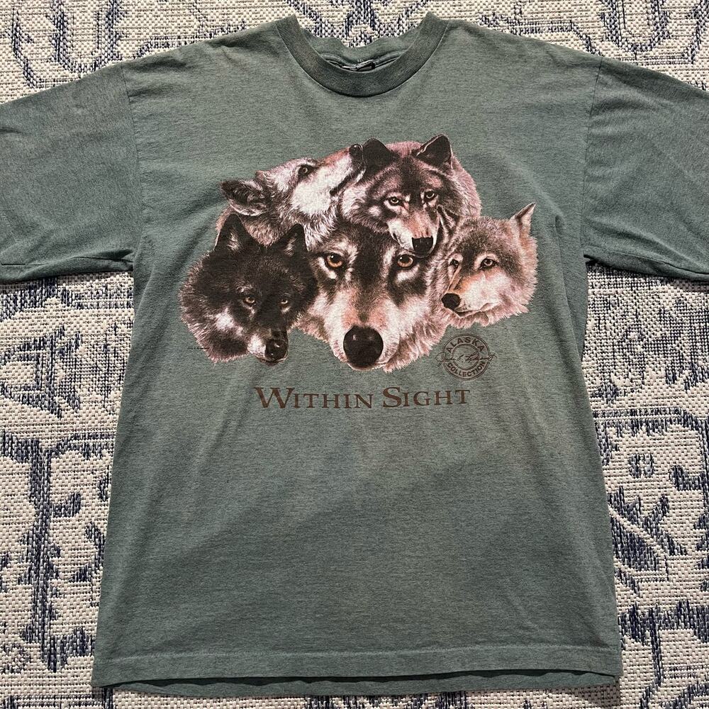 VTG 90's Wolf "Within Sight" Green Comedy Alpha Wolf Pack T Shirt L 20 x 28